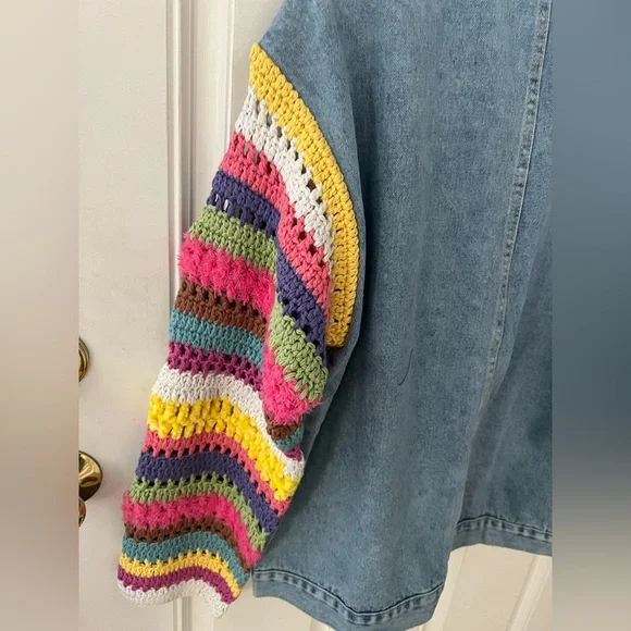 NWT Regina Denim Jacket with Crochet Sleeves